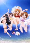  5girls :d absurdres ahoge akiyama_yukari anglerfish araippe arm_behind_head armpits arms_up artist_request bandeau barefoot bikini bikini_shorts black_hair blue_eyes blush breasts brown_eyes brown_hair butt_crack cleavage clouds girls_und_panzer hairband highres innertube isuzu_hana jumping lens_flare long_hair looking_at_viewer mascot midair multiple_girls navel nishizumi_miho o-ring_bikini o-ring_bottom o-ring_top ocean official_art open_mouth orange_bikini orange_eyes orange_hair outdoors red_bikini reizei_mako scan ship short_hair short_shorts shorts sideboob sky smile swimsuit takebe_saori under_boob water watercraft yellow_bikini 