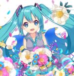  1girl :d aqua_hair blue_eyes blurry bouquet commentary_request depth_of_field detached_sleeves flower hatsune_miku long_hair looking_at_viewer necktie nyori open_mouth petals pleated_skirt simple_background skirt smile solo vocaloid white_background 