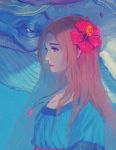  1girl biahnyang blue_clothes brown_hair flower hair_flower hair_ornament hibiscus jewelry lipstick long_hair looking_at_another looking_to_the_side makeup marin_(the_legend_of_zelda) necklace profile solo the_legend_of_zelda the_legend_of_zelda:_link&#039;s_awakening whale wind_fish 