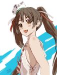  1girl 2016 4suke :d alternate_skin_color artist_name bangs bare_shoulders blush brown_eyes brown_hair dated flat_chest hair_between_eyes hair_ribbon hat kantai_collection libeccio_(kantai_collection) long_hair mini_hat open_mouth ribbon simple_background smile teeth twintails upper_body very_long_hair white_background 