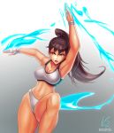  1girl alternate_costume alternate_hair_length alternate_hairstyle armpits aura borrowed_design breasts brown_eyes brown_hair chun-li cleavage fighting_stance fingerless_gloves gloves hybridmink large_breasts midriff mixed_martial_arts navel ponytail short_shorts shorts solo sports_bra street_fighter street_fighter_v thick_thighs thighs 