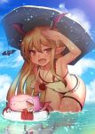  1girl alternate_costume besu bikini blonde_hair breasts cleavage clouds cloudy_sky dakunesu day dragon fang frilled_bikini frills granblue_fantasy head_wings highres innertube leaning_forward long_hair looking_at_viewer midriff multicolored_bikini pointy_ears red_eyes shingeki_no_bahamut sky small_breasts solo sunlight swimsuit thigh_gap thigh_strap tongue tongue_out umbrella vampy wading wet 
