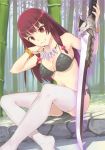 1girl absurdres bamboo bamboo_forest black_bra black_panties bra breasts brown_eyes brown_hair cleavage forest genkai_tokki_monster_monpiece grin hair_ornament hair_over_shoulder highres holding holding_sword holding_weapon jewelry long_hair magatama medium_breasts nature necklace panties side-tie_panties sitting smile solo sword thigh-highs underwear weapon white_legwear 