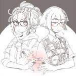  2girls bangs blunt_bangs blush glasses greyscale heart hood hood_down monochrome multiple_girls original puckered_lips short_hair spot_color trembling upper_body yukataro 