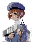  &gt;:( 1girl 2016 4suke aa_gun artist_name bangs blue_hat closed_mouth clothes_writing dated hat holding kantai_collection long_sleeves sailor_collar sailor_hat short_hair simple_background solo trigger_discipline turret upper_body white_background z3_max_schultz_(kantai_collection) 