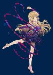  1girl artist_name bare_shoulders blonde_hair breasts brown_eyes chii chobits copyright_name dangmill long_hair one_leg_raised ribbon robot_ears simple_background solo tiptoes 