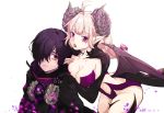  1boy 1girl 2016 ahoge artist_request black_hair braid breasts cleavage dated demon_wings dimension_walker_(dungeon_and_fighter) dungeon_and_fighter horns male_mage_(dungeon_and_fighter) nyarly_the_forbidden pointy_ears red_eyes simple_background sweatdrop violet_eyes white_background wings 