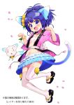  1girl absurdres animal_ears artist_request blue_eyes blue_hair blush bracelet cat cat_ears cat_tail character_request cherry_blossoms copyright_request fang highres jewelry navel necklace open_mouth paw_pose sandals short_hair simple_background skirt solo tail thigh-highs white_background white_legwear 