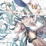  1girl absurdly_long_hair broom collarbone garter_straps green_eyes green_hair hat hatsune_miku holding long_hair looking_at_viewer nine_(liuyuhao1992) revision smile solo twintails very_long_hair vocaloid white_legwear witch_hat 