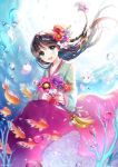  1girl :d bouquet braid brown_hair bubble fish flower green_eyes hair_flower hair_ornament long_hair long_sleeves open_mouth original smile solo tobbang underwater 