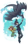  1boy 1girl absurdres alain_(pokemon) black_hair blue_fire chespin fire hat highres honzumaru manon_(pokemon) mega_charizard_x mega_pokemon pokemon pokemon_(anime) pokemon_(creature) redhead short_hair tail violet_eyes wings 