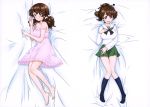  1girl :d absurdres artist_request bare_shoulders barefoot bed_sheet blush bow breasts brown_eyes brown_hair cleavage collarbone dakimakura girls_und_panzer hair_bow hair_down hair_ribbon highres koyama_yuzu large_breasts long_hair looking_at_viewer lying multiple_views nightgown official_art on_back on_side open_mouth pleated_skirt ponytail ribbon school_uniform shiny shiny_hair skirt smile socks strap_slip 