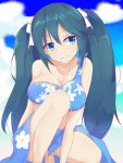  1girl bare_shoulders bikini black_hair blue_eyes blue_hair blue_sky breasts clouds day_mello floral_print hair_ribbon isuzu_(kantai_collection) kantai_collection large_breasts long_hair looking_to_the_side ribbon sarong sky smile solo squatting swimsuit twintails 