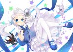  (o)_(o) 1girl anko_(gochuumon_wa_usagi_desuka?) blue_eyes commentary_request frilled_skirt frills gloves gochuumon_wa_usagi_desu_ka? hair_ornament hairpin highres holding kafuu_chino leaf1031 long_hair looking_at_viewer magical_girl mary_janes pantyhose scar shoes silver_hair skirt smile tippy_(gochuumon_wa_usagi_desuka?) twintails wand white_gloves white_legwear wild_geese 