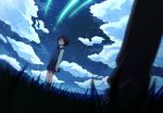  1boy 1girl black_hair clouds kimi_no_na_wa koitsu_(blue) miyamizu_mitsuha night night_sky school_uniform shooting_star short_hair skirt sky solo_focus spoilers tachibana_taki 