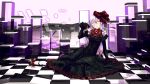  1girl abstract arm_support black_dress bow checkered checkered_floor dress frilled_dress frills hair_between_eyes hair_bow hair_flip highres hiko_(hiko224556) lavender_eyes lavender_hair lavender_lipstick long_hair looking_at_viewer original parted_lips red_bow red_eyes reflection sitting solo taut_clothes yokozuwari 