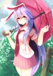  1girl :o after_rain animal_ears blush breasts bush carrot clouds cloudy_sky collared_shirt cowboy_shot day dripping eyebrows eyebrows_visible_through_hair fence hair_between_eyes holding holding_umbrella long_hair looking_up medium_breasts miniskirt nama_shirasu necktie outdoors parted_lips pin pink_eyes pink_skirt pink_umbrella plant pleated_skirt purple_hair rabbit_ears rainbow red_necktie reisen_udongein_inaba shirt short_sleeves skirt sky solo touhou umbrella very_long_hair water water_drop wing_collar 