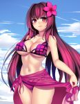  1girl beeyan bikini breasts clouds cloudy_sky fate/grand_order fate_(series) flower hair_flower hair_ornament highres long_hair navel purple_hair red_eyes sarong scathach_(fate/grand_order) sky solo swimsuit 