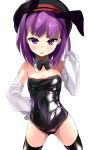  1girl animal_ears bare_shoulders black_legwear blush bow bowtie bunny_girl bunnysuit commentary_request detached_collar detached_sleeves fake_animal_ears fate/grand_order fate_(series) flat_chest hand_on_hip hat helena_blavatsky_(fate/grand_order) highres leotard looking_at_viewer open_mouth purple_hair rabbit_ears shimeji_nameko short_hair solo thigh-highs violet_eyes 