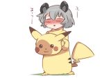  1girl :3 =_= animal_ears blush closed_eyes commentary cosplay full-face_blush grey_hair hammer_(sunset_beach) hot mouse_ears nazrin open_mouth pikachu pikachu_(cosplay) pikachu_costume pokemon short_hair solo sweatdrop touhou translated 