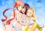  3girls :3 ;d ;q absurdres bikini blonde_hair brown_hair colette_(kono_bijutsubu_niwa_mondai_ga_aru!) fujii_yui girl_sandwich highres imari_maria innertube kono_bijutsubu_niwa_mondai_ga_aru! multiple_girls official_art one_eye_closed open_mouth sandwiched smile sunglasses swimsuit tongue tongue_out usami_mizuki 