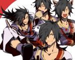  1boy animal_ears black_hair blush cat_ears closed_eyes daiki_(daikingairkgk) drinking gloves hair_over_one_eye low_ponytail open_mouth orange_eyes rokurou_rangetsu sandals socks solo tales_of_(series) tales_of_berseria teeth white_background 