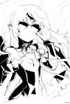  1girl code:_nemesis_(elsword) elsword eve_(elsword) facial_mark forehead_jewel glasses greyscale holding holding_glasses long long_hair monochrome solo 