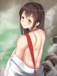  1girl akagi_(kantai_collection) back blush brown_eyes brown_hair clothes_down from_behind hair_between_eyes hakama highres japanese_clothes kantai_collection long_hair looking_at_viewer looking_back onsen outdoors smile solo steam straight_hair undressing untsue upper_body 