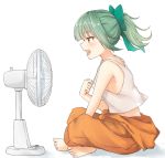  1girl azuhira bangs bare_arms bare_shoulders barefoot between_legs blue_bow blush bow clothes_around_waist electric_fan eyebrows eyebrows_visible_through_hair from_side full_body green_hair hair_bow hand_between_legs indian_style jumpsuit kantai_collection no_bra open_mouth orange_pants pants ponytail profile signature simple_background sitting solo tank_top tongue white_background yellow_eyes yuubari_(kantai_collection) 