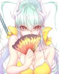  1girl aqua_hair bare_shoulders behind_back bikini bikini_top blue_hair bow breasts cleavage collarbone covering_mouth eyebrows eyebrows_visible_through_hair fan fate/grand_order fate_(series) flame_print folding_fan gradient_hair green_hair hair_between_eyes hair_bow heart heart-shaped_pupils highres holding horns kiyohime_(fate/grand_order) long_hair looking_at_viewer medium_breasts multicolored_hair silver_hair simple_background solo swimsuit symbol-shaped_pupils tetsu_(excalibur920) upper_body white_background yellow_bikini yellow_bikini_top yellow_bow 