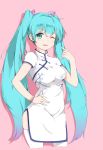  1girl absurdres aqua_eyes aqua_hair bangs bracelet china_dress chinese_clothes cowboy_shot dress hand_on_hip hatsune_miku highres jewelry long_hair looking_at_viewer one_eye_closed open_mouth pink_background solo somen thigh-highs twintails very_long_hair vocaloid white_legwear 
