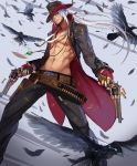  1boy adonis_belt bird bullet coat dungeon_and_fighter feathers full_body green_eyes gun gunner_(dungeon_and_fighter) handgun hat jewelry kote-sensei long_hair looking_at_viewer male_focus necklace open_clothes open_coat pistol ranger_(dungeon_and_fighter) raven_(animal) shell_casing shirtless solo weapon white_hair 