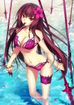  1girl bikini breasts cleavage fate/grand_order fate_(series) flower gae_bolg hair_flower hair_ornament highres kunai long_hair looking_at_viewer mouth_hold navel polearm purple_hair red_eyes scathach_(fate/grand_order) shore solo spear swimsuit very_long_hair wading weapon yoshida_takuma 