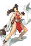  1girl bangs black_gloves blush boots breasts brown_eyes brown_hair closed_mouth fan fighting_stance fingerless_gloves folding_fan gloves highres holding holding_fan japanese_clothes large_breasts no_panties obi pelvic_curtain ponytail sash shiranui_mai sketch smile solo standing the_king_of_fighters tim_loechner weapon 