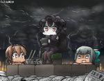  3girls :d ahoge black_hair blurry bow bowtie brick brown_hair chibi chou-10cm-hou-chan_(teruzuki&#039;s) clouds cloudy_sky commentary dated depth_of_field detached_sleeves enemy_aircraft_(kantai_collection) fire gothic_lolita grey_eyes hachimaki hair_bow hair_ribbon hairband hamu_koutarou headband holding horns isolated_island_oni kantai_collection lolita_fashion lolita_hairband long_hair machinery multiple_girls open_mouth pantyhose peeking_out ponytail red_eyes ribbon shaded_face shinkaisei-kan short_hair silver_hair sitting sky smile sweat tan teruzuki_(kantai_collection) thunder translated tribal turret white_skin yuubari_(kantai_collection) 