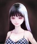  1girl bangs black_bikini_top black_hair blue_bikini_top breasts brown_background brown_eyes checkered cleavage collarbone face large_breasts lips long_hair looking_at_viewer multicolored_bikini_top original shiny shiny_hair simple_background solo tifa18 upper_body 