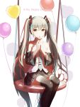 1girl absurdres balloon character_name dandelion detached_sleeves flower green_eyes green_hair happy_birthday hatsune_miku highres long_hair necktie red_flowers sitting skirt solo thigh-highs twintails very_long_hair vocaloid white_background 