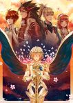 2girls 3boys alternate_costume armor artist_name brown_hair cape cherry_blossoms closed_eyes fire_emblem fire_emblem_if flower grey_hair headdress hinoka_(fire_emblem_if) long_hair looking_at_viewer male_my_unit_(fire_emblem_if) multiple_boys multiple_girls my_unit_(fire_emblem_if) petals pink_hair pointy_ears ponytail redhead ripples ruruharuru ryouma_(fire_emblem_if) sakura_(fire_emblem_if) short_hair siblings silver_hair sky smile spiky_hair star_(sky) sunset sword takumi_(fire_emblem_if) weapon 