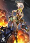  1girl ass backlighting blonde_hair breasts cowboy_shot crazy embers explosive eyebrows eyeliner finger_on_trigger fingerless_gloves from_behind genderswap genderswap_(mtf) gloves green_shorts grenade grenade_launcher hand_on_hip harness highres holding holding_weapon junkrat_(overwatch) large_breasts leaning_forward looking_at_viewer looking_back looking_to_the_side makeup mechanical_arm orange_eyes overwatch patch piercing pouch prosthesis scar short_hair short_shorts shorts sideboob smoke solo spikes spiky_hair standing tattoo tire tongue tongue_out tongue_piercing topless watermark weapon xiao_duzi 