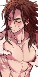  1boy abs blush brown_hair close-up closed_eyes embarrassed fire_emblem fire_emblem_if grabbing highres long_hair male_focus muscle nipples ryouma_(fire_emblem_if) shirtless simple_background solo sweatdrop white_background 
