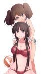  2girls :d alternate_hairstyle asaoka_(0x0) ball bare_arms bare_shoulders beachball behind_back bikini black_hair blue_bikini blush breasts brown_eyes brown_hair collarbone eyebrows eyebrows_visible_through_hair fang hair_ornament hair_ribbon hands_on_another&#039;s_shoulders hiyou_(kantai_collection) kantai_collection long_hair looking_at_another low_twintails multiple_girls navel open_mouth red_bikini ribbon ryuujou_(kantai_collection) side-tie_bikini smile swimsuit twintails white_background white_ribbon 