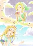  1boy 1girl blonde_hair blue_eyes brown_eyes closed_eyes clouds flower green_hat hair_flower hair_ornament hat instrument koma_taro link marin_(the_legend_of_zelda) music musical_note ocarina open_mouth outdoors outstretched_hand pointy_ears the_legend_of_zelda the_legend_of_zelda:_link&#039;s_awakening tunic 