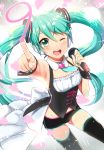  1girl ;d detached_collar finger_writing green_eyes green_hair hatsune_miku kikuchi_mataha long_hair number one_eye_closed open_mouth smile solo thigh-highs twintails underbust very_long_hair vocaloid 