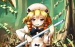  1girl blonde_hair cattle_prod dress drill_hair eyelashes forest grin hat hat_ribbon juliet_sleeves long_sleeves luna_child nature no_wings puffy_sleeves red_eyes ribbon short_hair signature smile solo touhou u-eruto white_dress 