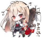  :3 black_ribbon black_serafuku black_skirt blonde_hair chibi hair_flaps hair_ornament hair_ribbon hairclip kantai_collection kotatu_(akaki01aoki00) long_hair neckerchief pleated_skirt red_eyes remodel_(kantai_collection) ribbon scarf school_uniform serafuku skirt straight_hair torpedo white_scarf yuudachi_(kantai_collection) 