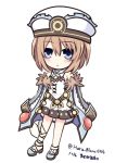  1girl artist_name bare_shoulders blanc blue_eyes blush brown_hair chibi fur_trim haru_blanc0316 hat looking_at_viewer neptune_(series) short_hair solo 