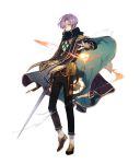  1boy atelier_(series) atelier_firis belt capelet covered_mouth fire gloves official_art purple_hair revy_berger simple_background solo sword takekono weapon white_background 