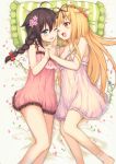  2girls ;d ahoge anklet bare_legs bare_shoulders black_hair black_ribbon blonde_hair blue_eyes blush bobby_socks braid commentary eye_contact flower frills from_above hair_flaps hair_flower hair_ornament hair_ribbon hairclip hand_on_another&#039;s_cheek hand_on_another&#039;s_face holding_hands jewelry kantai_collection lingerie long_hair looking_at_another lying miya_(tokumei) multiple_girls nightgown no_shoes on_bed on_side one_eye_closed open_mouth petals pillow red_eyes ribbon shigure_(kantai_collection) single_braid smile socks straight_hair underwear yuri yuudachi_(kantai_collection) 