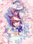  1girl absurdres akitsuki_(oenothera) animal_ears blue_eyes blush brown_hair cherry_blossoms drink drinking_straw eyebrows_visible_through_hair hair_between_eyes highres holding holding_drink horse_ears horse_girl horse_tail long_hair multicolored_hair open_mouth petals pleated_skirt puffy_short_sleeves puffy_sleeves school_uniform short_sleeves skirt smile solo tail tokai_teio_(umamusume) tracen_school_uniform two-tone_hair umamusume white_hair white_skirt 