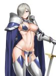  1girl armor bikini_armor blue_eyes breasts cape cleavage contrapposto drill_hair gauntlets greaves hair_over_one_eye highres hiiragi_yuuichi large_breasts looking_at_viewer navel original pauldrons silver_hair simple_background smile solo sword thigh-highs twin_drills weapon white_background 